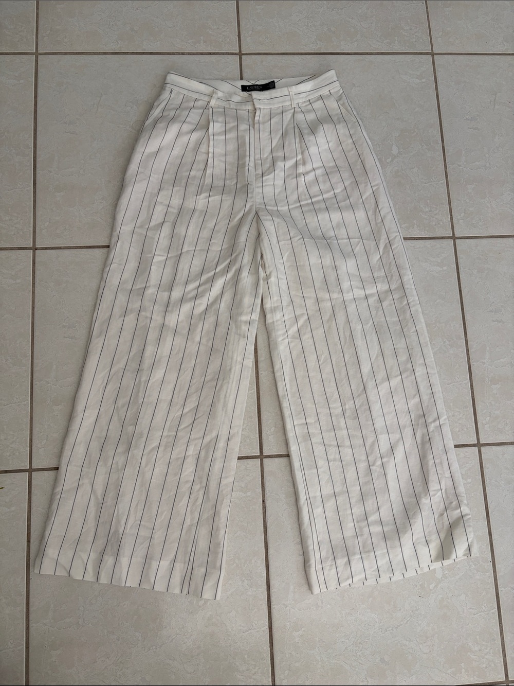 Ralph Lauren white Wide-Leg Chinos with Black Pinstripes linen pants.